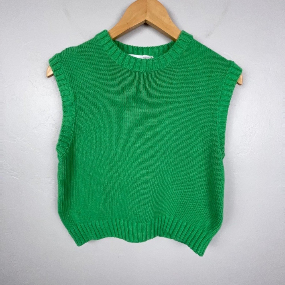 Zara Sweater Vest Women Medium Green Knit Sleeveless Crew Neck Goblincore Preppy